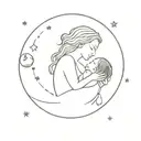 A traditional style tattoo of a mother and child silhouette, surrounded by planets and moons to represent the bond between a mother and her child tattoo design idea