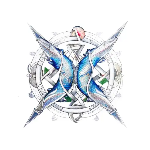 A mystical Pisces symbol intertwined with a majestic Sagittarius archer tattoo design idea