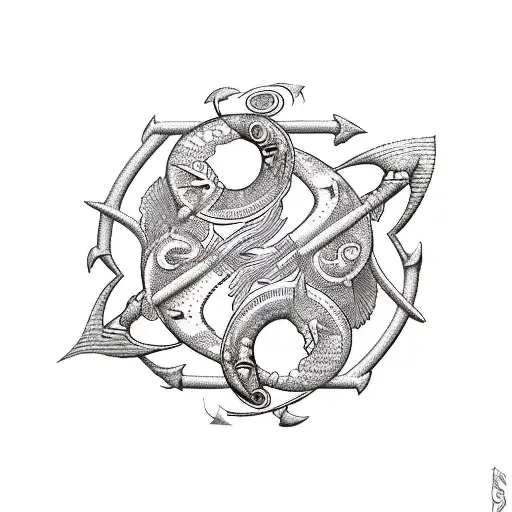 A mystical Pisces symbol intertwined with a majestic Sagittarius archer tattoo design idea