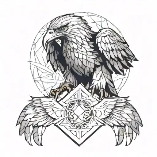 A geometric design of an eagle's wings wrapping around a father and child, symbolizing protection and unity tattoo design idea