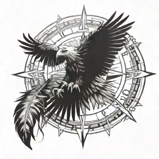An intricate design of a compass surrounded by eagle feathers, representing guidance and protection tattoo design idea