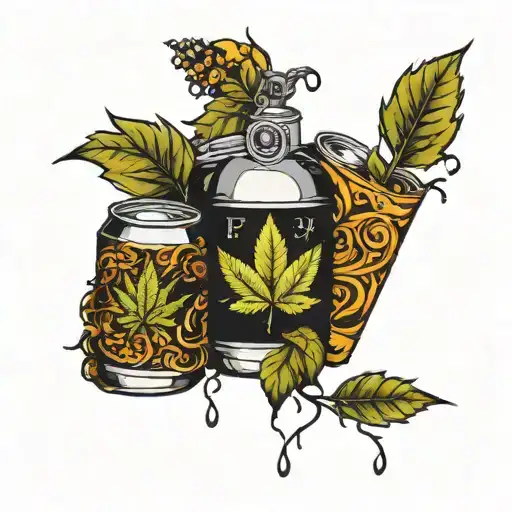 An intricate blackwork design featuring fent, meth, and DMT molecules intertwined with twisted tea cans and weed leaves tattoo design idea