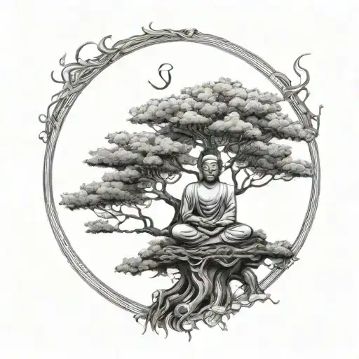 A serene forest scene with a peaceful Buddha meditating under a tree tattoo design idea