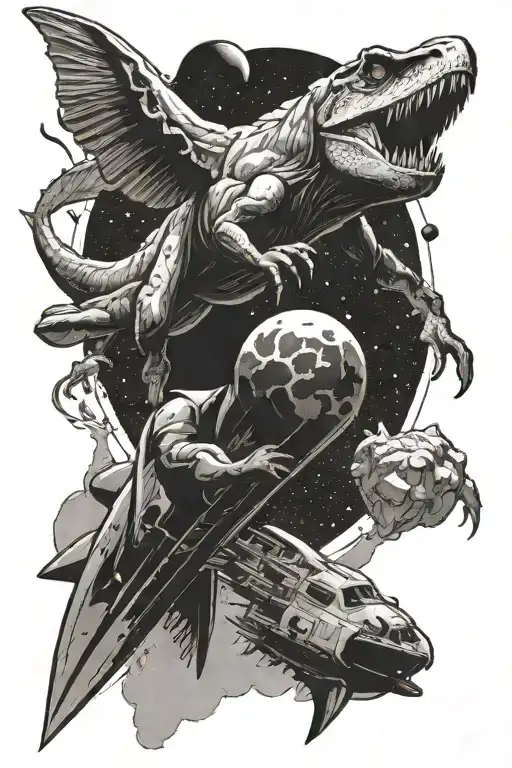earth hit by asteroid and dinosaur flying away on a rocket tattoo design idea