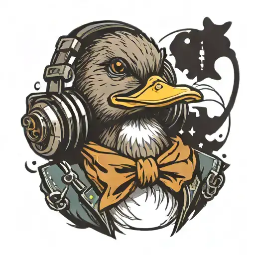a duck wearing a headset, playing fallout  tattoo design idea