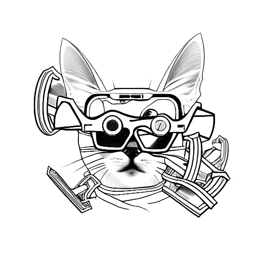A minimalist tattoo of a cat wearing 3D glasses, symbolizing the client's passion for movies and their favorite animal. tattoo design idea