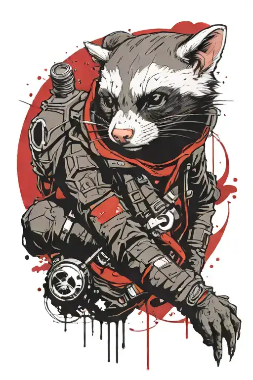 a minimal portrait of thin & light female ferret styled as assassin from "assassin's creed" game with logo at costume hand/head. turned into side. full-length body. without weapon. blood drops at background. tattoo design idea