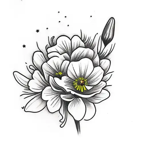 flower bouquet using a carnation flower, a snowdrop, cosmos flower and marigold flower  tattoo design idea