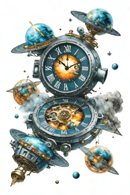 clock in outer space tardis flying tattoo design idea