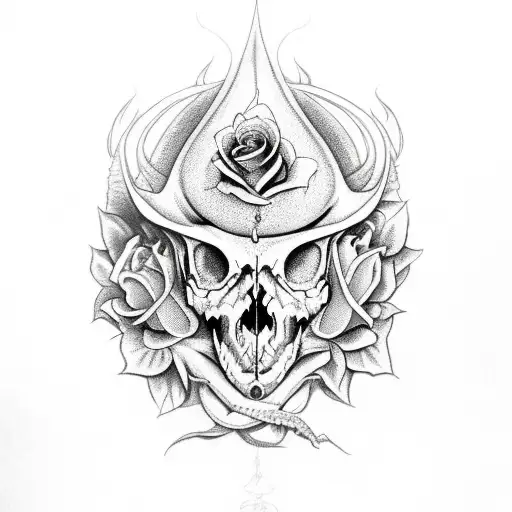 dragon skull with roses and magic tattoo design idea