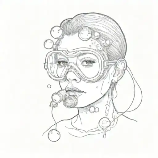 scuba diving mask on face, bubbles rising  tattoo design idea