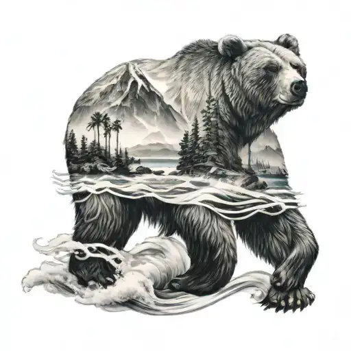 california bear with mountain and ocean waves forming tattoo design idea