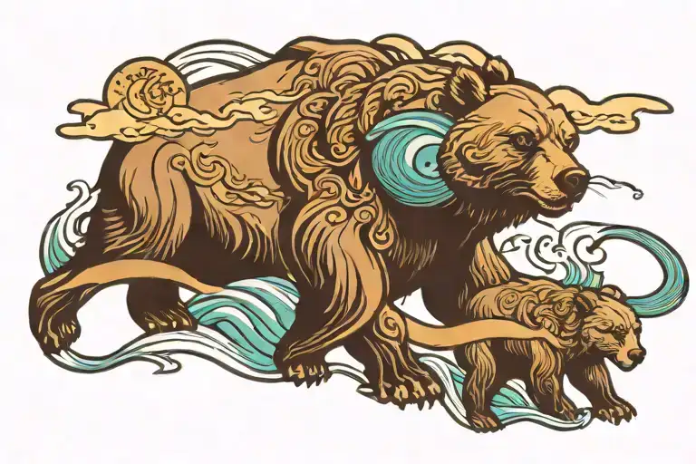 california bear and whale with mountain and ocean waves forming with california state emblem tattoo design idea