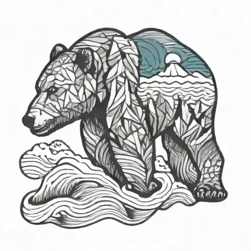 california bear with mountain and ocean waves forming tattoo design idea