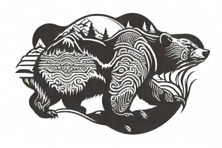 california bear with mountains and ocean wave crashing tattoo design idea