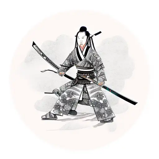 Samurai girl with katana in fighting position which have a wings, in tech style  tattoo design idea