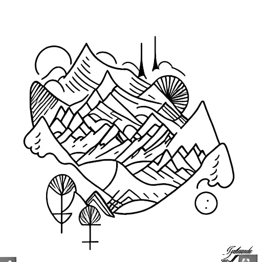 A cascading waterfall surrounded by a mountain range tattoo design idea
