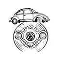 A vintage Volkswagen Beetle (Fusca) driving through a scenic mountain road tattoo design idea