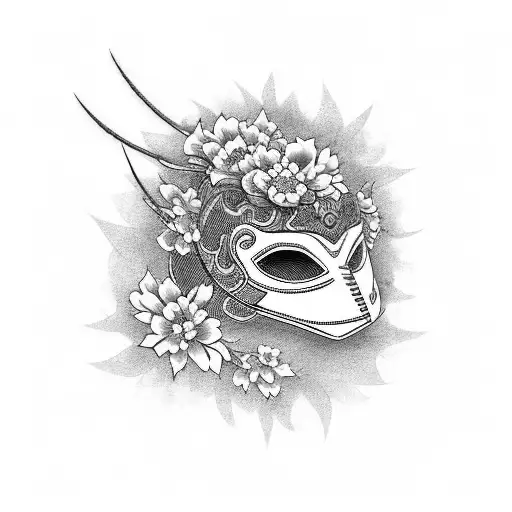 ronin mask with japanese flowers behind, the tattoo is on the chest tattoo design idea