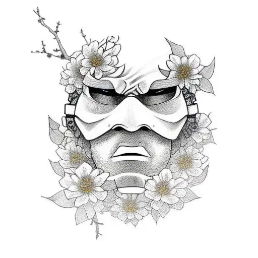 ronin mask with japanese flowers behind, the tattoo is on the chest tattoo design idea