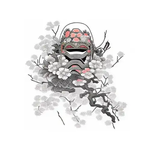 ronin mask with japanese flowers behind, the tattoo is on the chest tattoo design idea