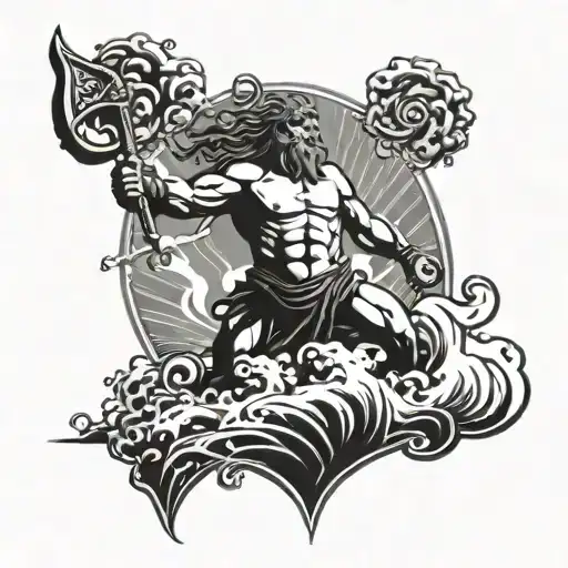 A powerful Poseidon wielding a trident, with crashing waves and storm clouds in the background tattoo design idea