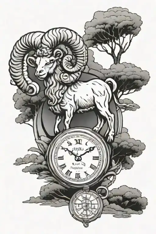 Aries ram , Old Pocket Watch showing 12:45 , hills tattoo design idea