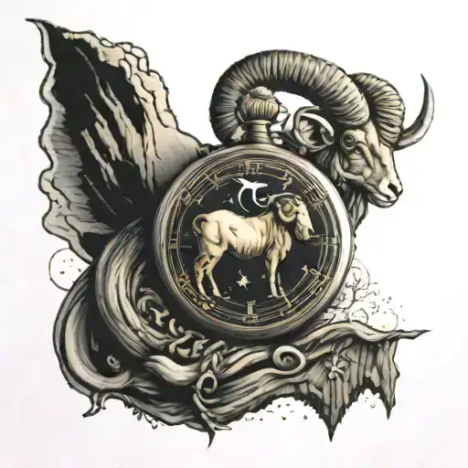 Aries ram , Aries constellation , Old pocket watch , mountain tattoo design idea