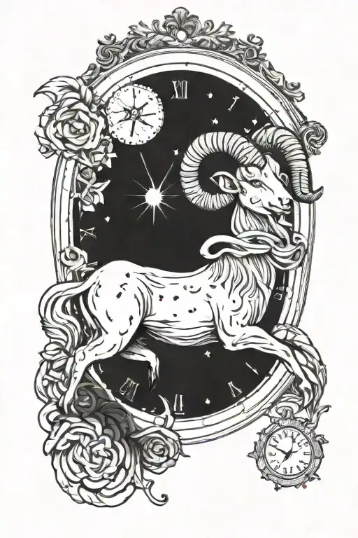 Aries ram , Aries constellation , Old pocket watch showing 12:45 , mountain tattoo design idea