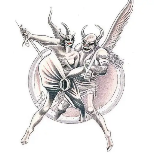 demon and angel fighting shoulder to shoulder tattoo design idea
