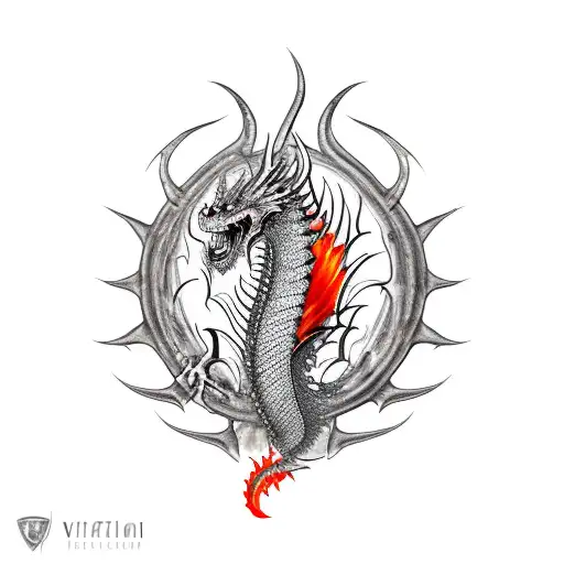 red dragon with knife and flames around tattoo design idea