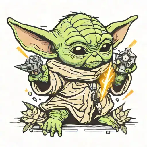 baby yoda with lighting bolt striking tattoo design idea