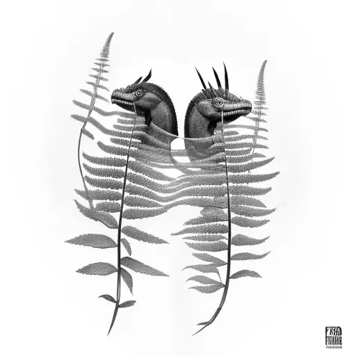 two veloceraptors hiding in fern tattoo design idea