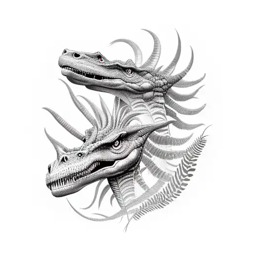 two veloceraptors dinosaurus hiding in fern tattoo design idea