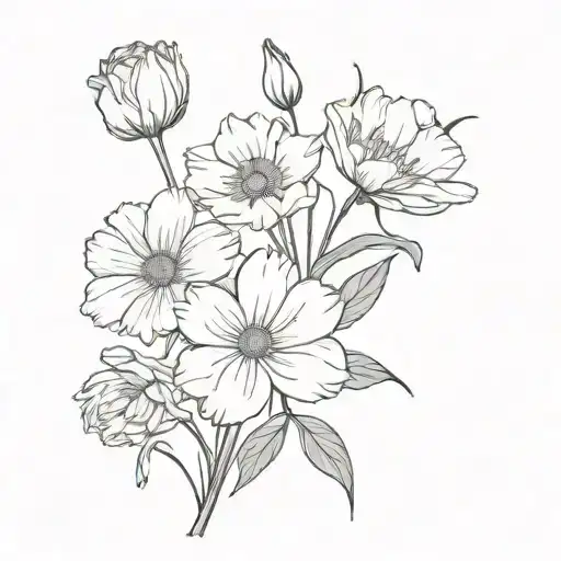 CARNATION DAISY WATER LILY POPPY MORNING GLORY POT MARIGOLD NARCISSUS in a bouquet  tattoo design idea