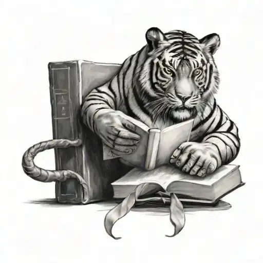 A tiger reading a book in a library surrounded by boxing gloves tattoo design idea