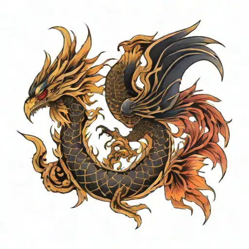 pheonix rising and dragon intertwined tattoo design idea