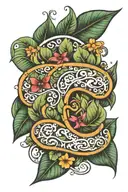 sleve with fijian elements and the initials Y, N, L, R and the leaves of a money plant  tattoo design idea