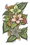 sleve with fijian elements and the initials Y, N, L, R and the leaves of a money plant  tattoo design idea