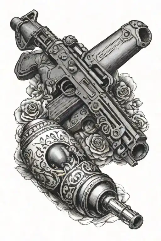 Create a black and white chicano sketch using a Russian matryoshka doll, an AK-47 assault rifle, and the Moscow Kremlin. tattoo design idea
