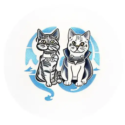 A traditional tattoo design of a cat and a dog sitting together on a beach, with waves and palm trees in the background tattoo design idea