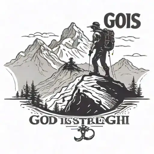 A silhouette of a hiker trekking through a mountain landscape, with the phrase 'God is my strength' incorporated into the design tattoo design idea