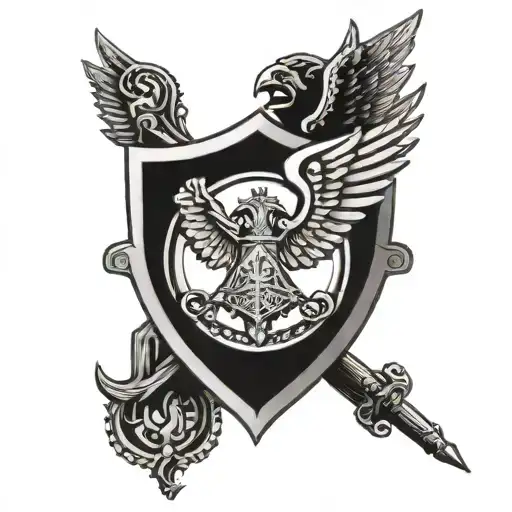 An intricate blackwork tattoo of a shield with the image of St Michael the archangel, symbolizing protection and courage in the military tattoo design idea