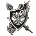 An intricate blackwork tattoo of a shield with the image of St Michael the archangel, symbolizing protection and courage in the military tattoo design idea