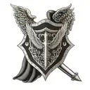 An intricate blackwork tattoo of a shield with the image of St Michael the archangel, symbolizing protection and courage in the military tattoo design idea