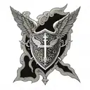 An intricate blackwork tattoo of a shield with the image of St Michael the archangel, symbolizing protection and courage in the military tattoo design idea