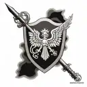 An intricate blackwork tattoo of a shield with the image of St Michael the archangel, symbolizing protection and courage in the military tattoo design idea