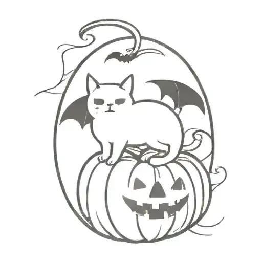 ghost black cat pumpkin and bat flying tattoo design idea