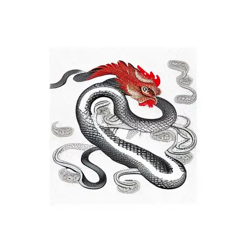 snake and  rooster fighting tattoo design idea