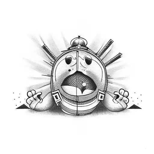 A dotwork tattoo of a funny cartoon character exploring different countries on a motorcycle tattoo design idea